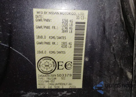 2014 Nissan Titan Pro-4X/S/Sl/Sv из США, поврежденный, VIN 1N6AA0EC6EN503379